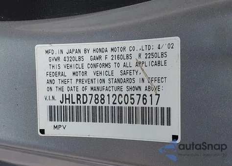 2002 Honda Cr-V Ex from USA, damaged, VIN JHLRD78812C057617